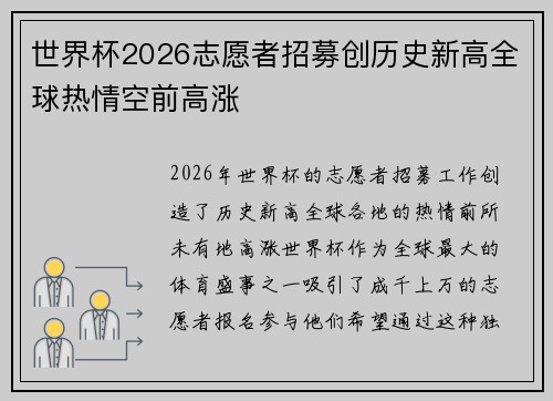 世界杯2026志愿者招募创历史新高全球热情空前高涨